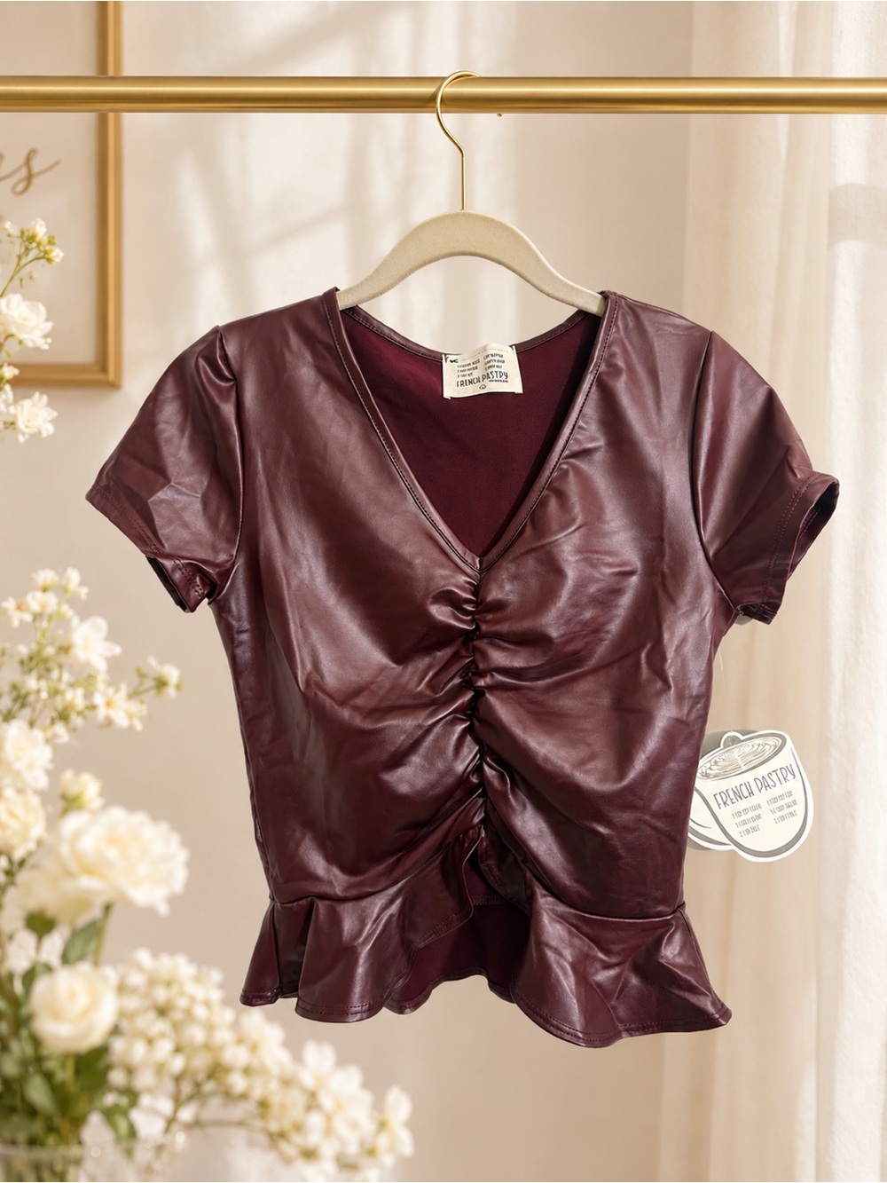 French Pastry NWT Burgundy Faux Leather Ruched Peplum Crop Top Size S